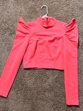 Women's Pink Puff-Sleeve Mock Neck Top